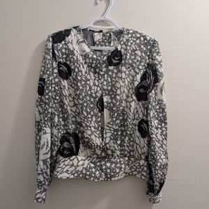 Vintage Shapely Blouse Black White Abstract Rose Jacquard Shoulder Pads Size 12